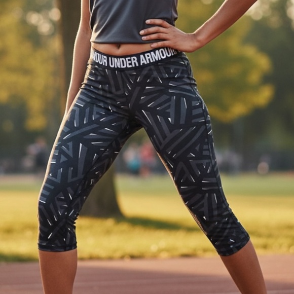 UNDER ARMOUR Charged CAPRI Leggings Black S | Geometric Run Activewear Yoga Gym - Picture 1 of 6